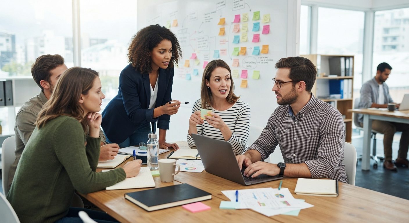 Marketingteam diskuterer buyer persona og kundeprofiler ved et mødebord