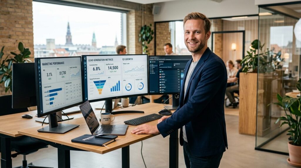 Young Danish startup founder at standing desk with multiple 