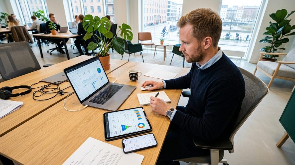 Overhead view of a Danish startup founder reviewing website