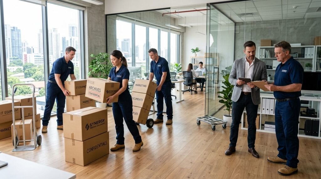 Wide shot of professional movers carefully handling boxes in