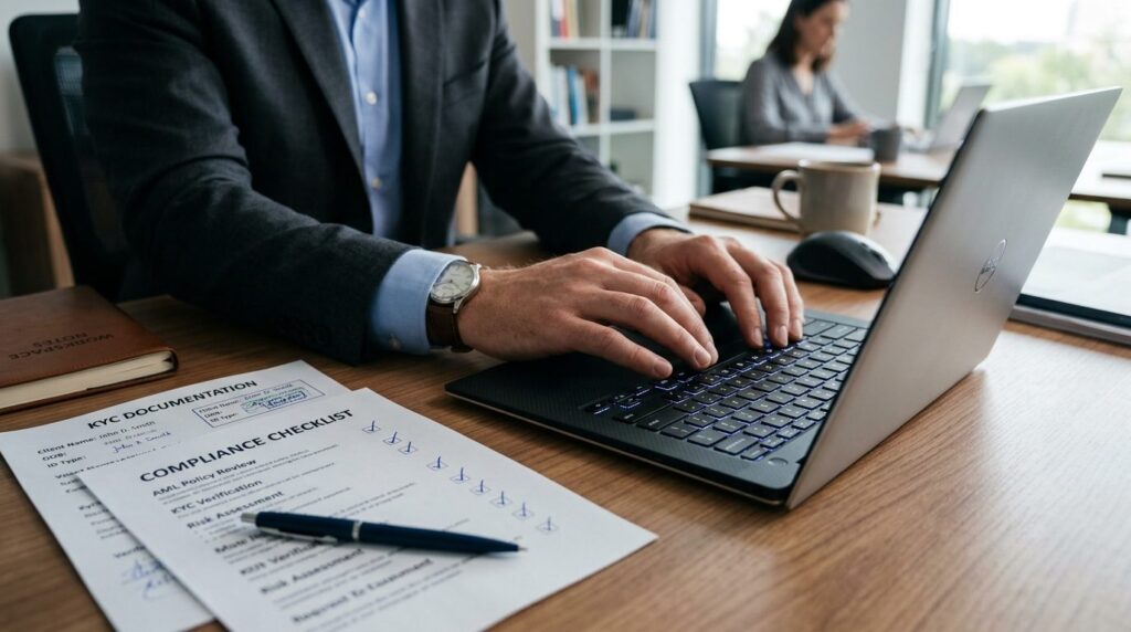 Close-up of businessmans hands typing on laptop keyboard wi