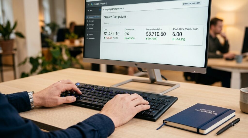 Close-up of hands on keyboard with Google Shopping interface