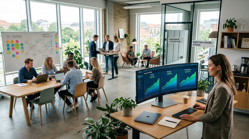 Wide shot of modern Danish startup office with entrepreneur