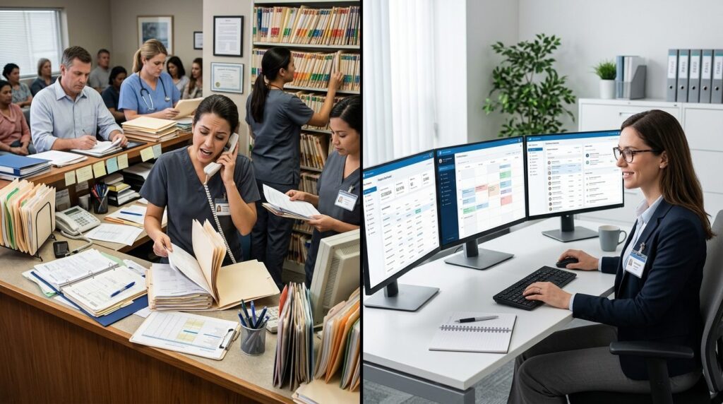 Split-screen composition: left side shows a busy clinic rece