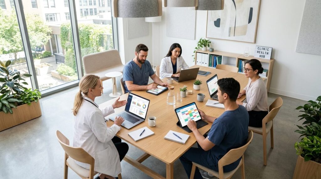 Overhead view of a modern clinic workspace with a team of he