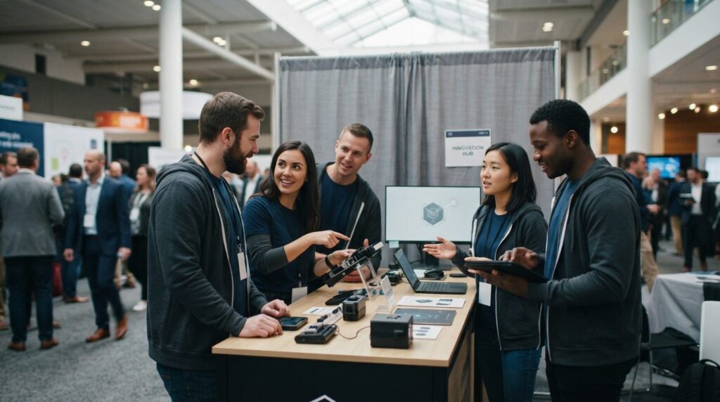 Busy startup team wearing matching branded t-shirts and hood