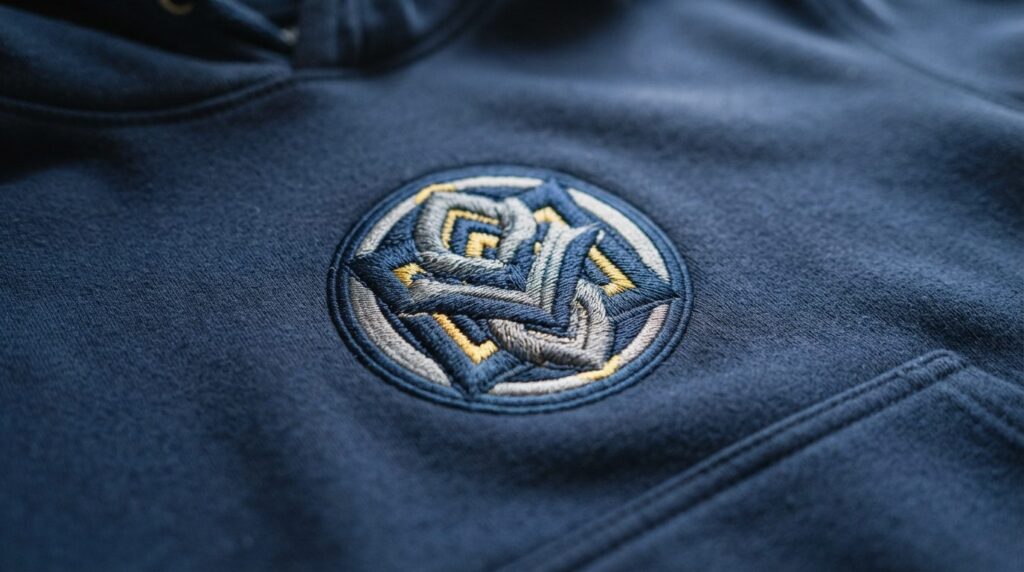 Close-up detail shot of embroidered logo on navy corporate h