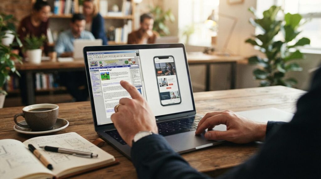 Close-up of business owners hands pointing at laptop screen
