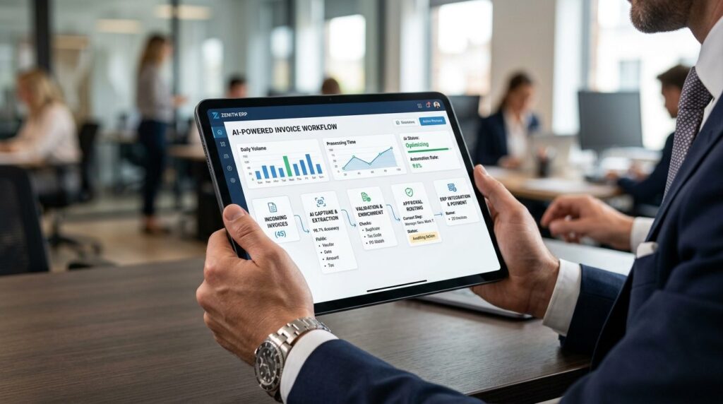 Close-up of a businessmans hands holding a tablet showing a
