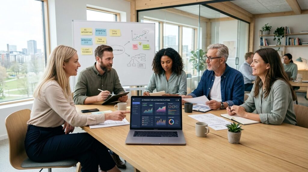 Wide shot of a small business team in a modern office collab