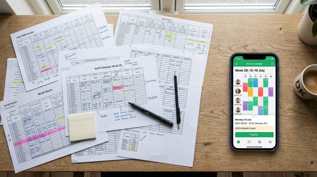 Top-down view of scattered printed Excel spreadsheets and pa