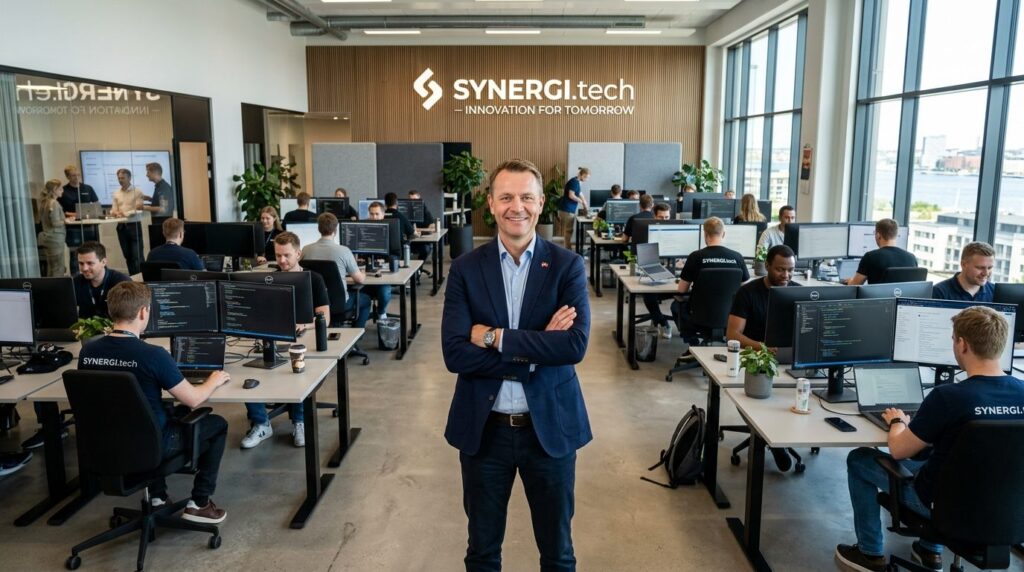 Wide shot of a successful Danish entrepreneur standing confi