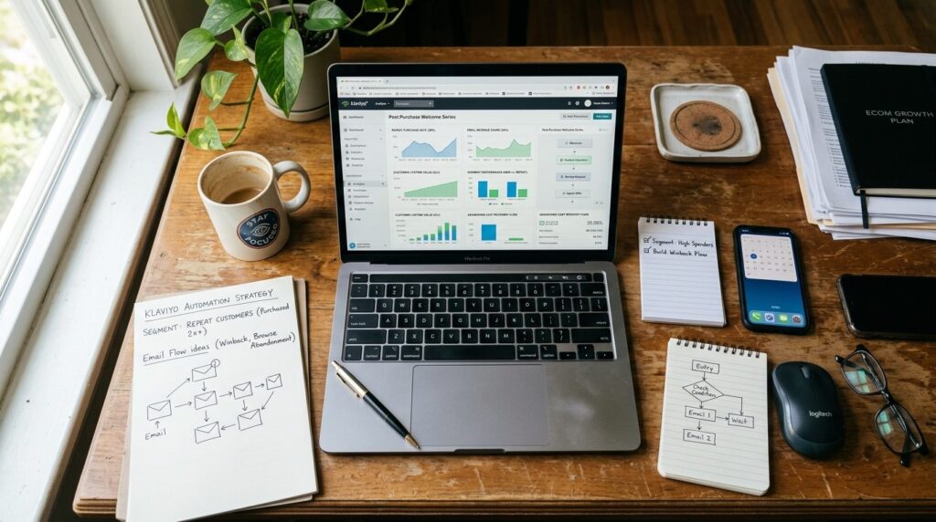 Overhead view of a webshop owners desk with laptop displayi