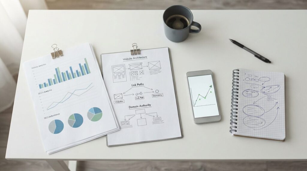 Overhead flat-lay composition of a digital marketing strateg