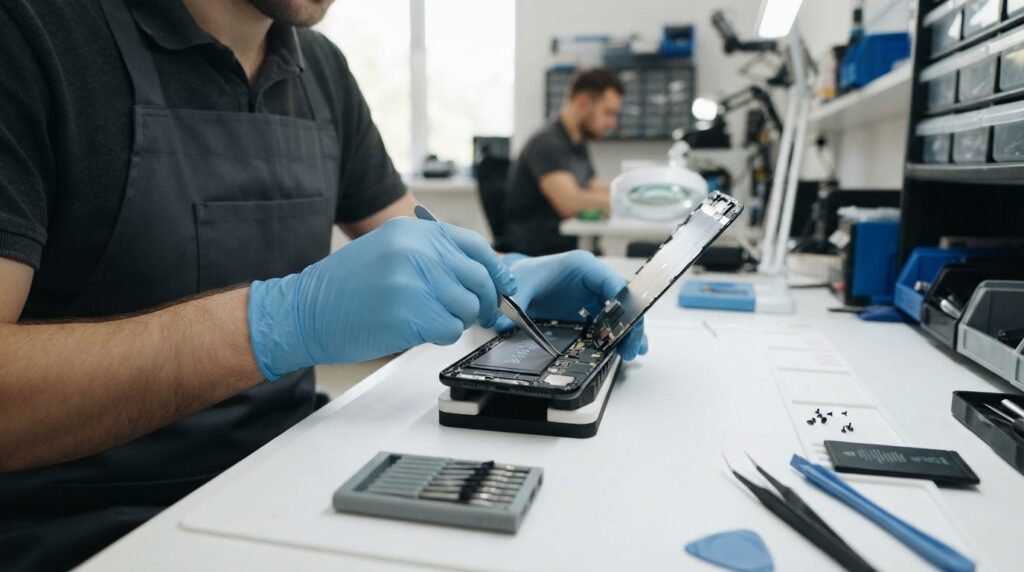 Close-up of a technicians hands carefully replacing a smart