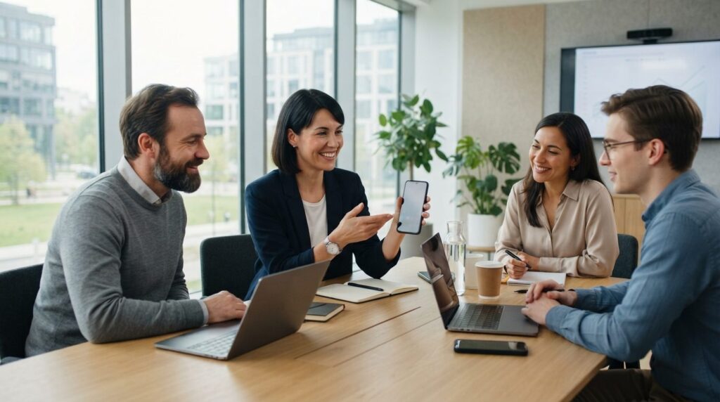 Business team meeting in a modern conference room where a fe