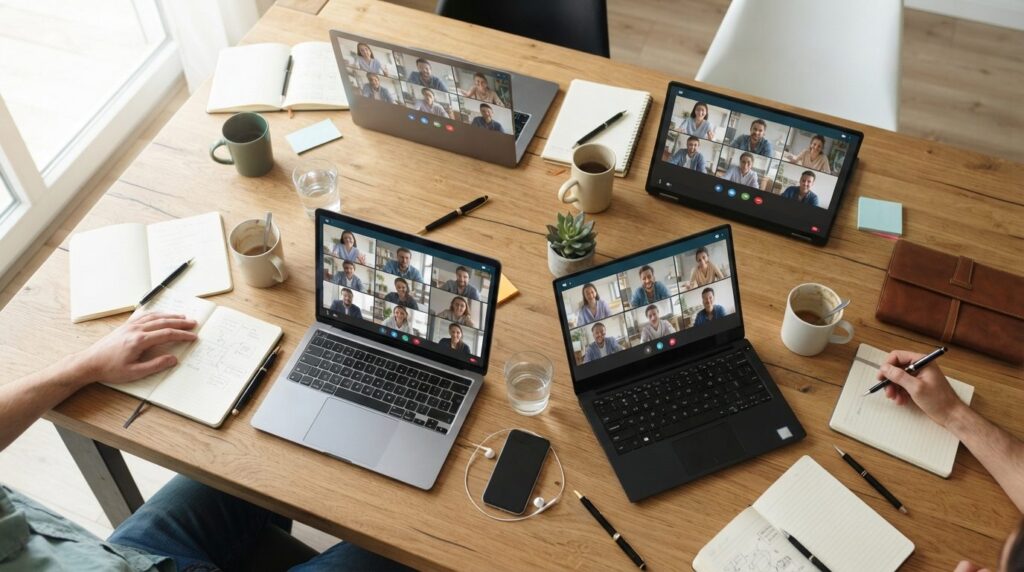 Photorealistic overhead shot of a wooden table with multiple