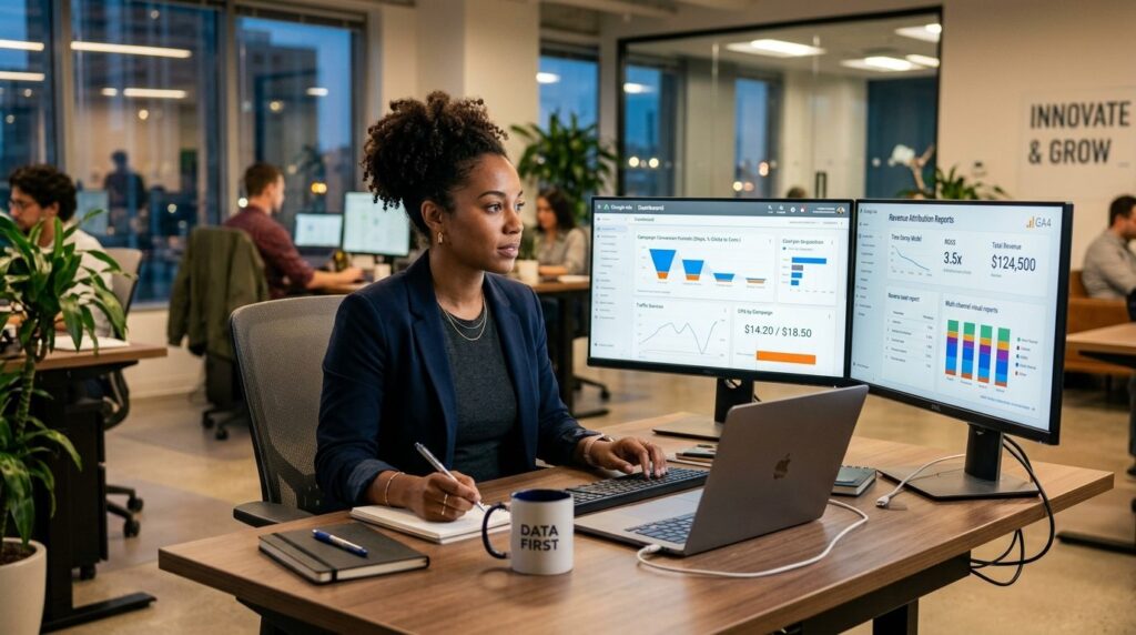 Startup entrepreneur woman looking at multiple screens showi