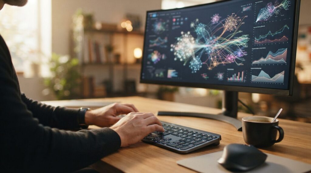 Close-up of hands typing on keyboard with SEO keyword resear