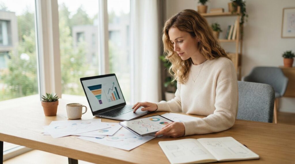 Young Danish entrepreneur reviewing colorful growth charts a