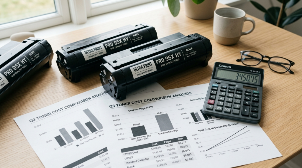 Close-up flatlay of high-capacity printer toner cartridges n