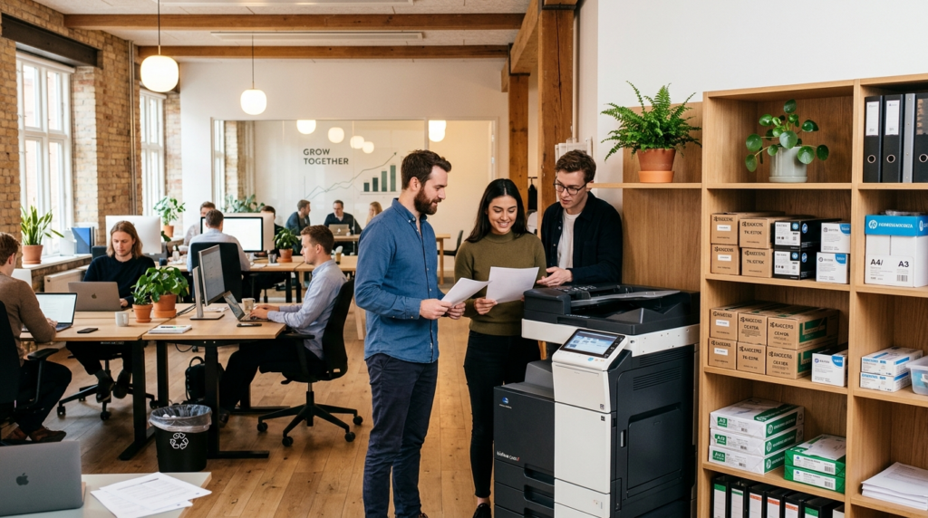 Modern startup office space with multiple workstations, empl