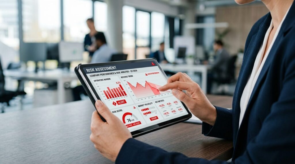 Close-up of hands holding a tablet displaying financial grap