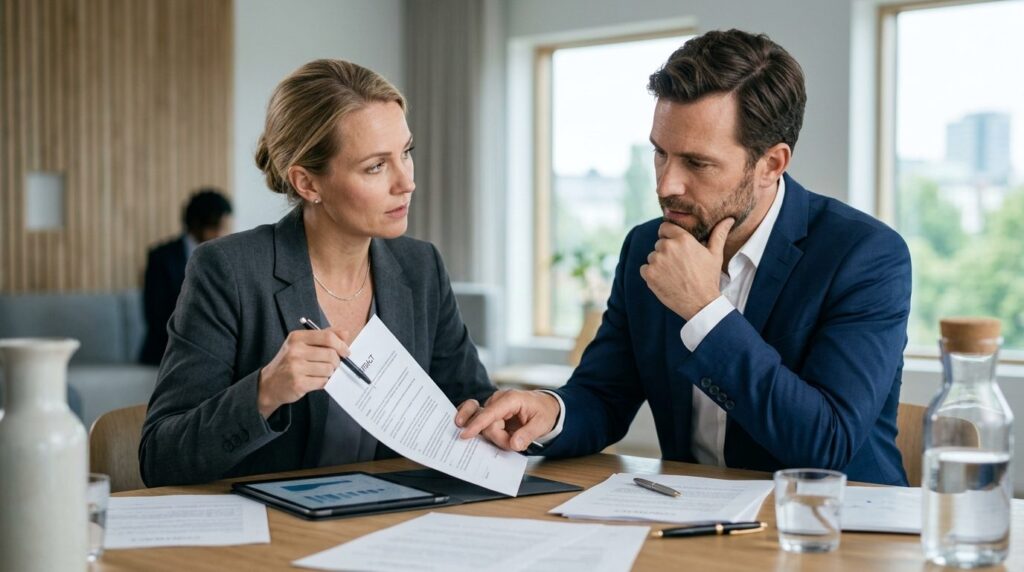 Two business professionals in a meeting room discussing cont