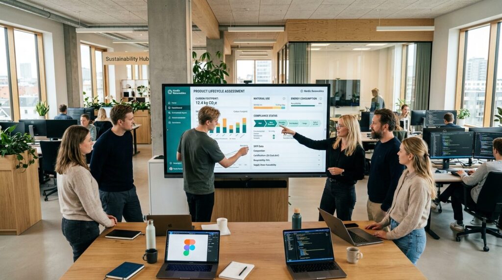 Wide angle view of a modern startup office where a team of D