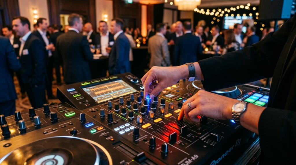 Close-up of a professional DJs hands adjusting mixing conso
