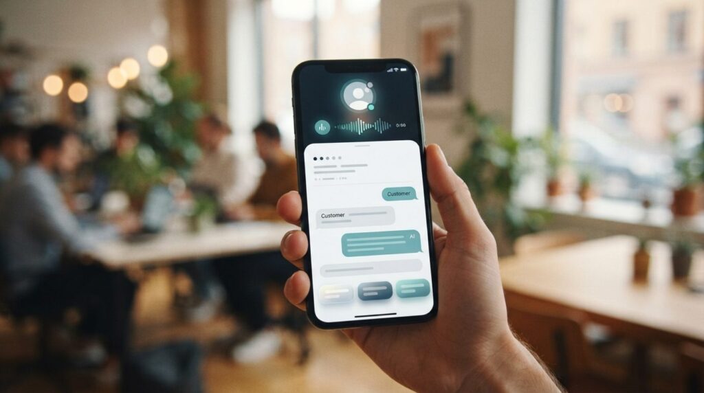 Close-up of a smartphone screen showing an AI receptionist i