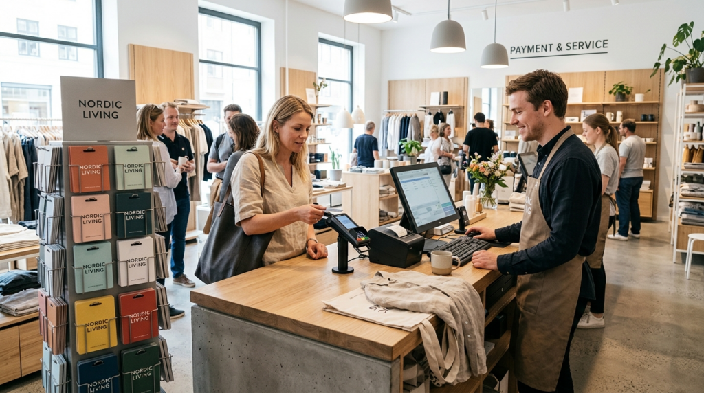 Wide angle photograph of a busy modern retail checkout count