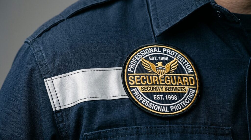 Close-up detail shot of security uniform fabric showing embr