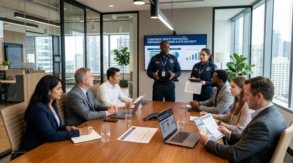 Corporate meeting room scene with security personnel in bran